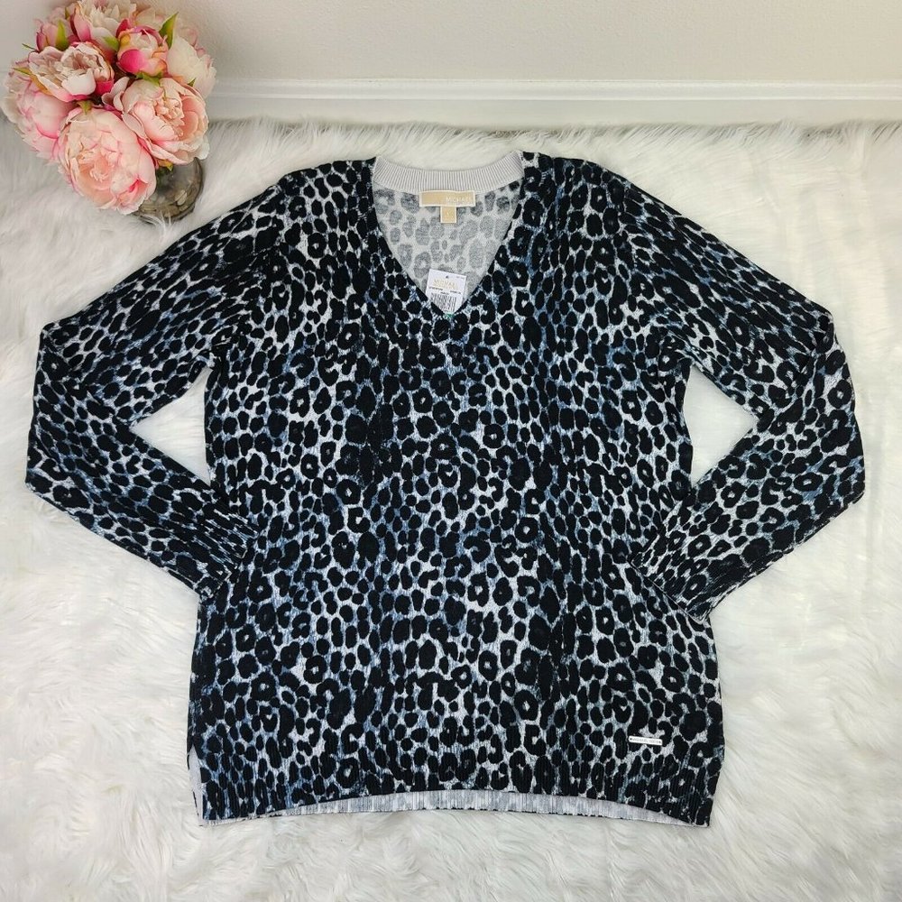 Michael Kors V-Neck Long Sleeve Sweater W/Logo Animal Print Black/Gray Large NWT
